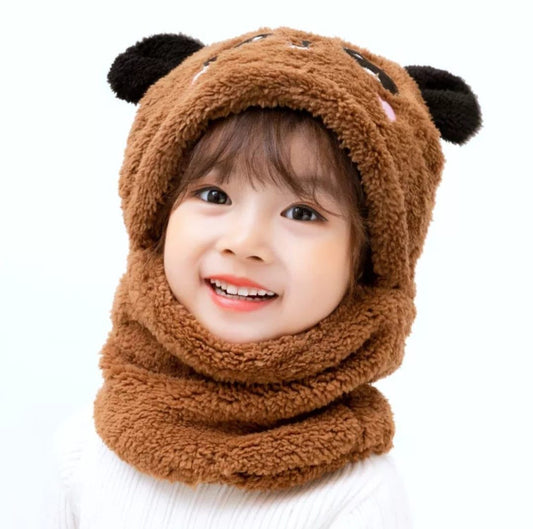 Beanie Wool Cap With Neck Warmer Attached.  KIDS WOOL CAP Cartoon Panda Baby  (random color)