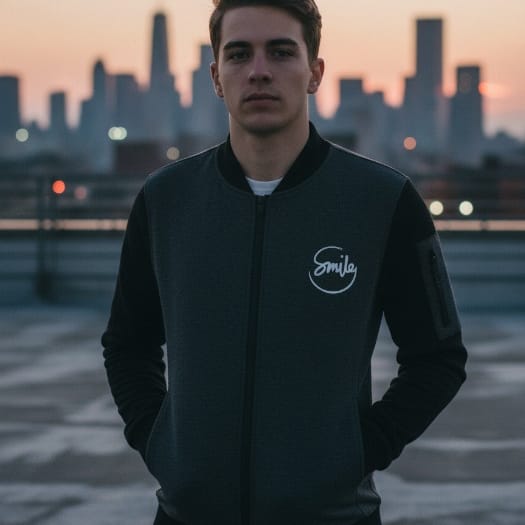 New Winter Collection Charcoal Grey “Smile” Printed Zipper Jacket for Men & Boys – Premium French Fleece, Stylish, Warm & Comfortable Winter Wear (M, L, XL)