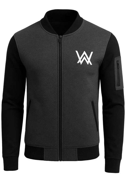 NEW Winter Collection Charcoal Grey WA Printed Zipper Jacket for Men & Boys – Premium Fleece Material, Stylish Bomber Design, Full Front Zipper Closure