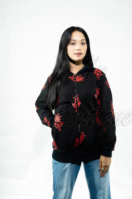 Winter Collection Women’s Red Leaf Print Jacket | Stylish & Warm Outerwear | Trendy Winter Fashion for Ladies