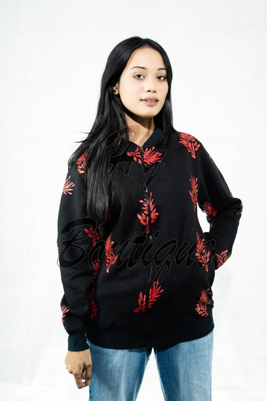 Winter Collection Women’s Red Leaf Print Jacket | Stylish & Warm Outerwear | Trendy Winter Fashion for Ladies