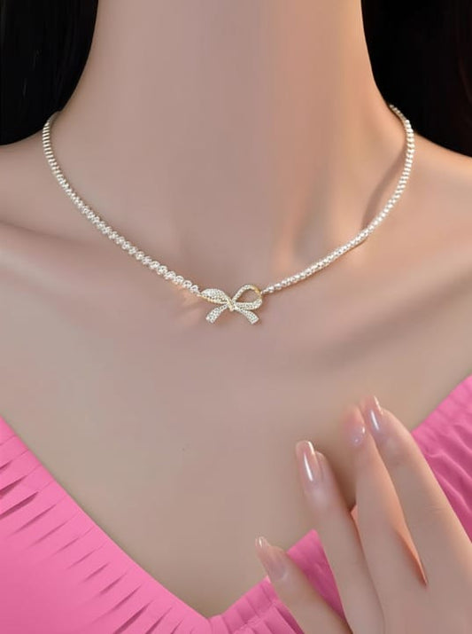 PQT-992 - Bow Shape Pearl Pendant Necklace for Women – Dainty Jewelry with Sparkling Bow Design | Available in Silver & Golden Finish | Perfect Gift for Weddings, Parties & Everyday Glamour