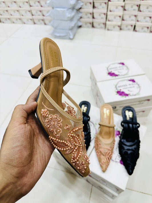 Elegant Black& Golden Hand-Embroidered Kitten Heels for Women - Elastic Band Strap & 2.2-Inch Heel