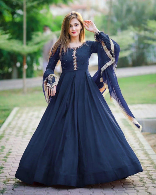 Elegant Blue Embroidered Chiffon Maxi Suit - 3 Pcs Set