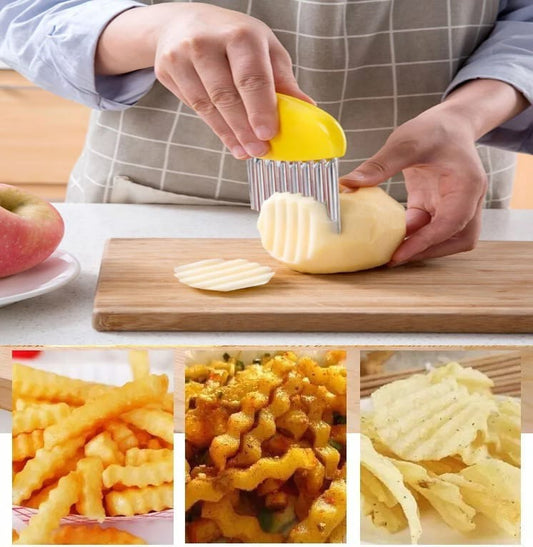 French Fry Crinkle Cutter – Stainless Steel Wavy Slicer for Potatoes, Veggies & Fruits | Easy-Grip Kitchen Chopper & Garnishing Tool.