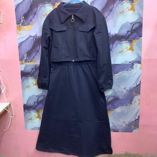 Stylish 2-Piece Long Frock Maxi Dress with Matching Zipper Jacket