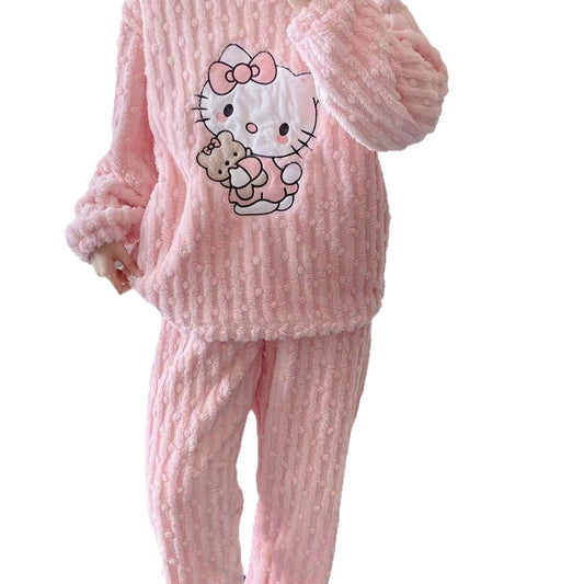 Hello Kitty Bear Coral Fleece Pajamas Winter Flannel Thickened Pants
