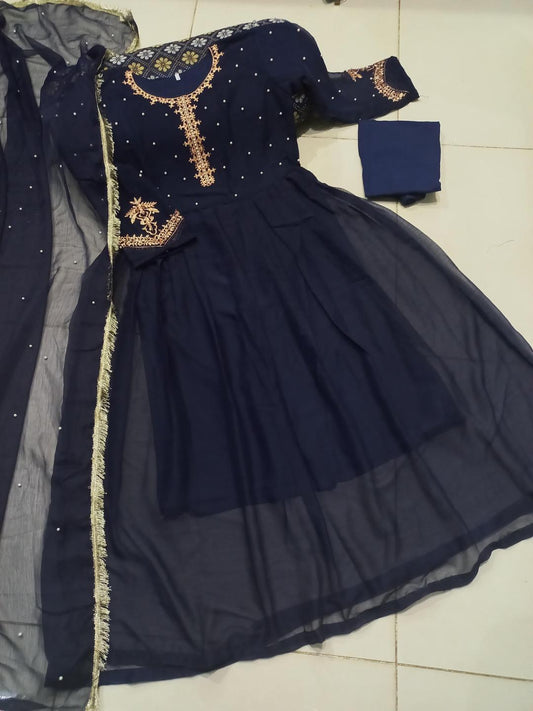 Elegant Blue Embroidered Chiffon Maxi Suit - 3 Pcs Set