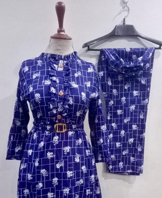 2 Pcs Women's Stitched Printed Frock And Trouser