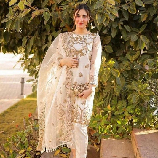 Embroidered 3 Piece Unstitched Women Suit | Organza | Embroidered Doppata | Clothes | Women Dresses |