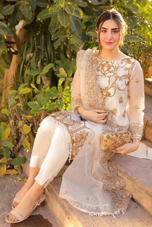 Embroidered 3 Piece Unstitched Women Suit | Organza | Embroidered Doppata | Clothes | Women Dresses |